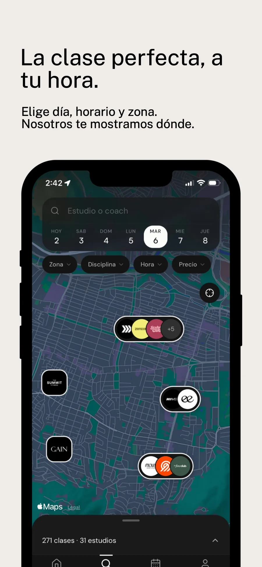 Pantalla actual de Noma con mapa y filtros para descubrir clases