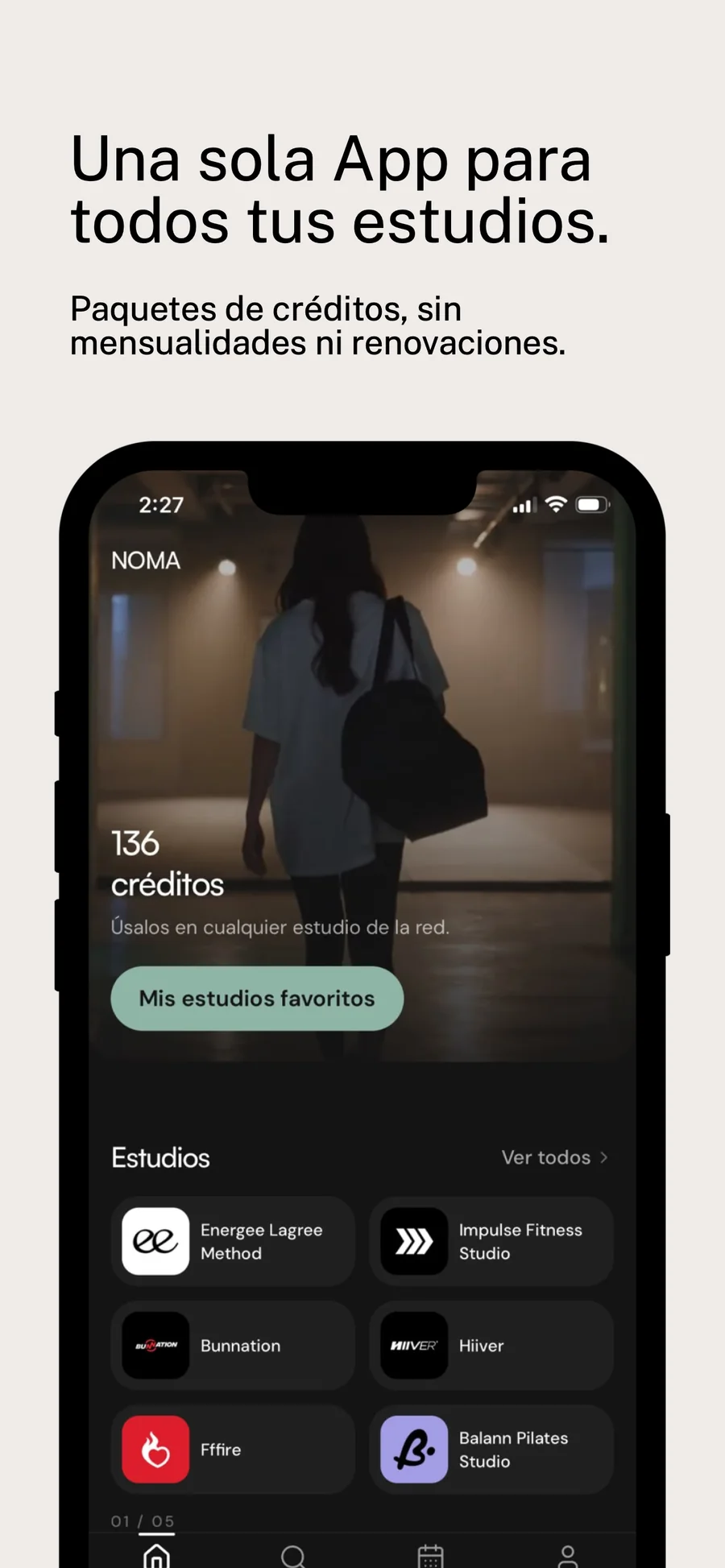 Pantalla actual de Noma con saldo de créditos y estudios favoritos